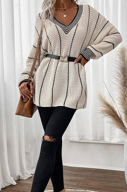 CWOSWL6821_NEW VERTICAL STRIPE CASUAL LOOSE SWEATER