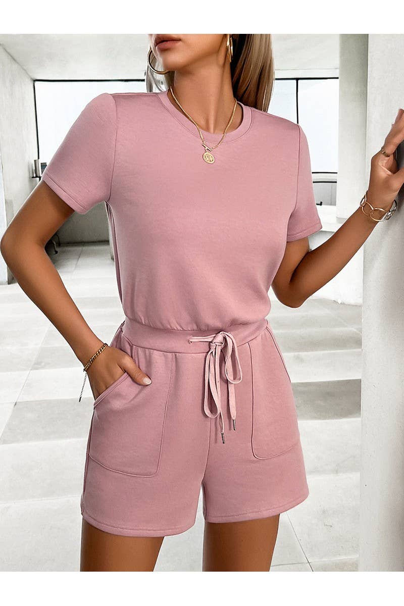 CWSR0093_SHORT SLEEVED ROUND NECK SOLID COLOR POCKET ROMPER