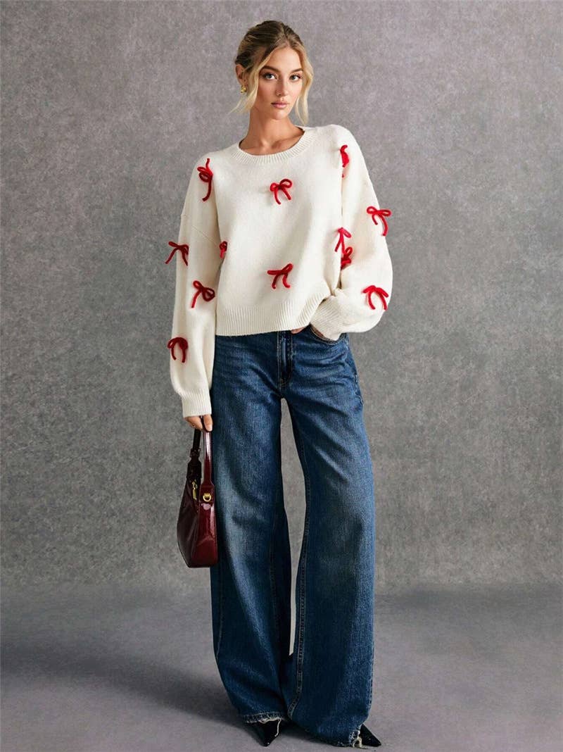 Bowknot adornment easing round neck sweaters