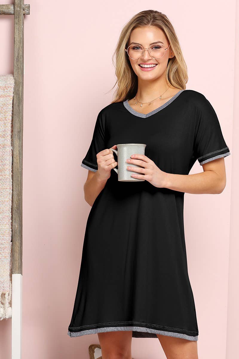 CWDSD10385_V-NECK SHORT SLEEVE SLEEPWEAR DRESS