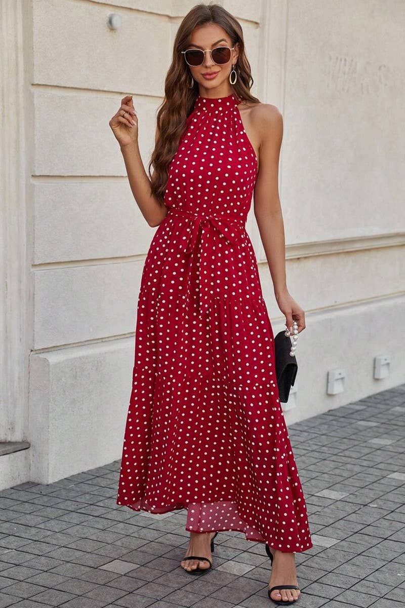 CWDMD5781_POLKA DOT PRINT FLORAL HALTER NECK DRESS