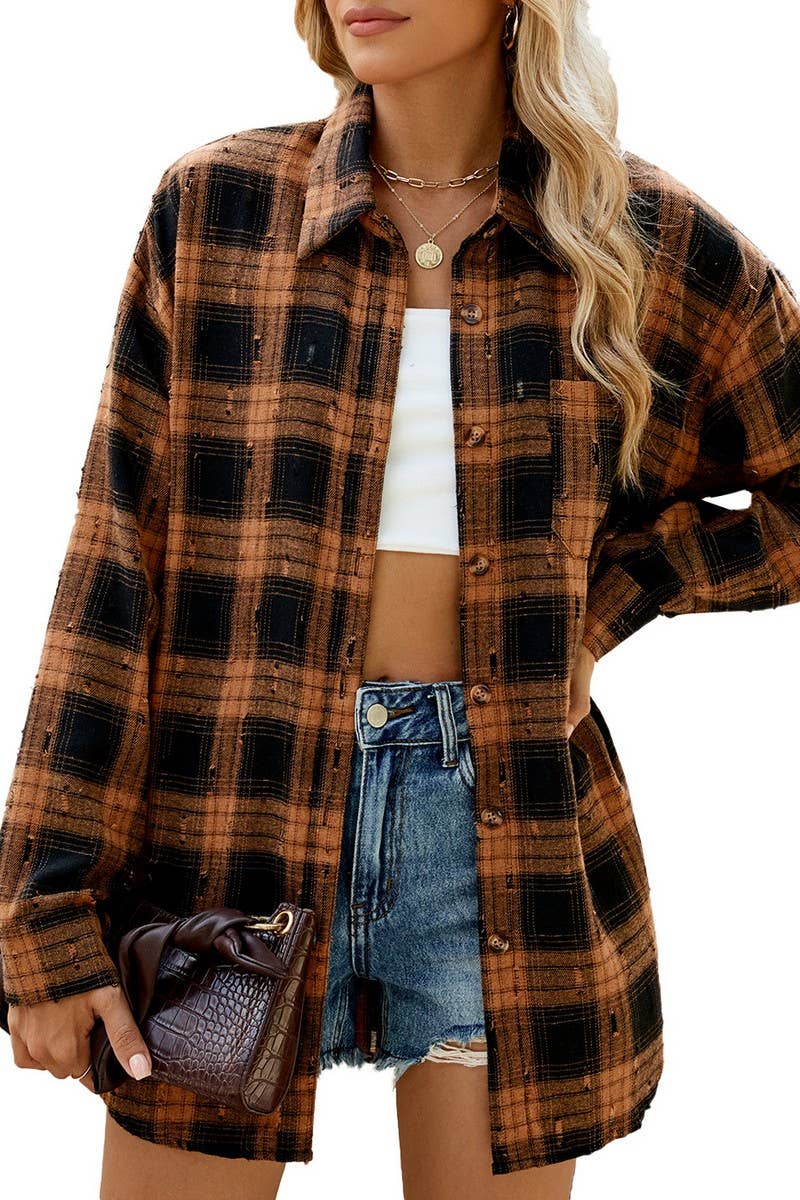 CWTSTL2063_CROCHET LONG-SLEEVED LOOSE LAPEL PLAID SHIRT