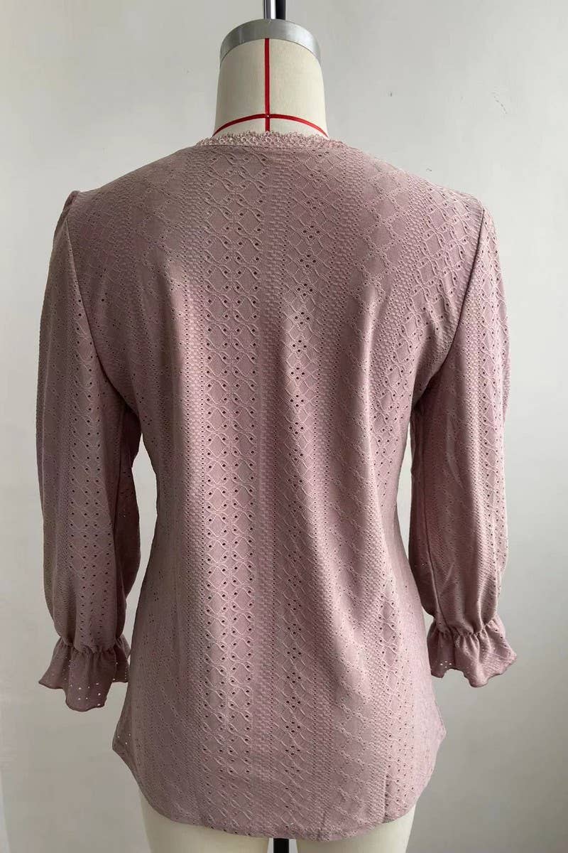 CWTBLL1046_V-NECK SOLID COLOR HOLLOW CASUAL LONG-SLEEVED TOP