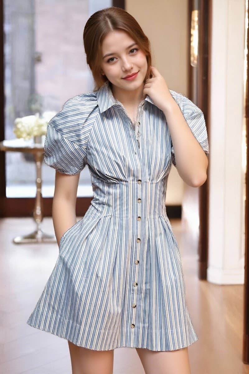 CWTDSS0076_STRIPED BUTTON FRONT COLLARED SHIRT MINI DRESS