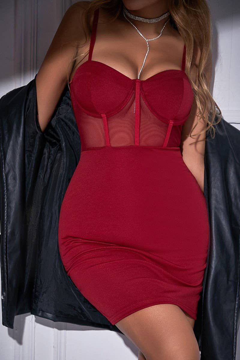 CWDSD7175_SOLID COLOR SEE-THROUGH SLING HIP DRESS