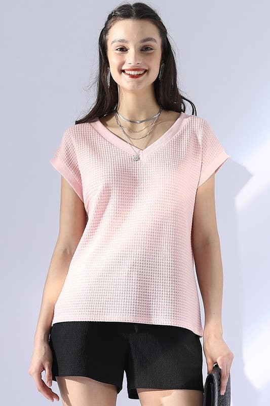 CWTTS694_V NECK SHORT SLEEVE WAFFLE KNIT TOP