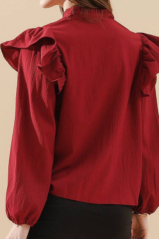 CWTBLL259_RUFFLED BUTTON SOLID COLOR V NECK  BLOUSE