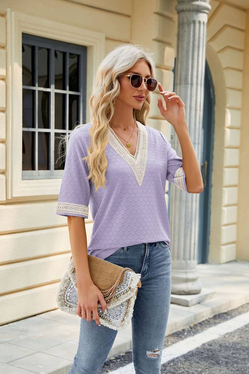 CWTTS0819_V-Neck Lace Trim Short Sleeve Knit Top