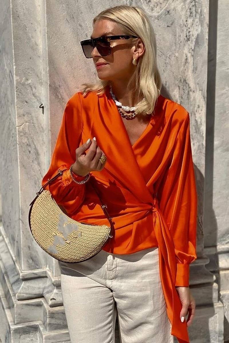 CWTTL2038_V-NECK TIE TEMPERAMENT LONG SLEEVE SHIRT