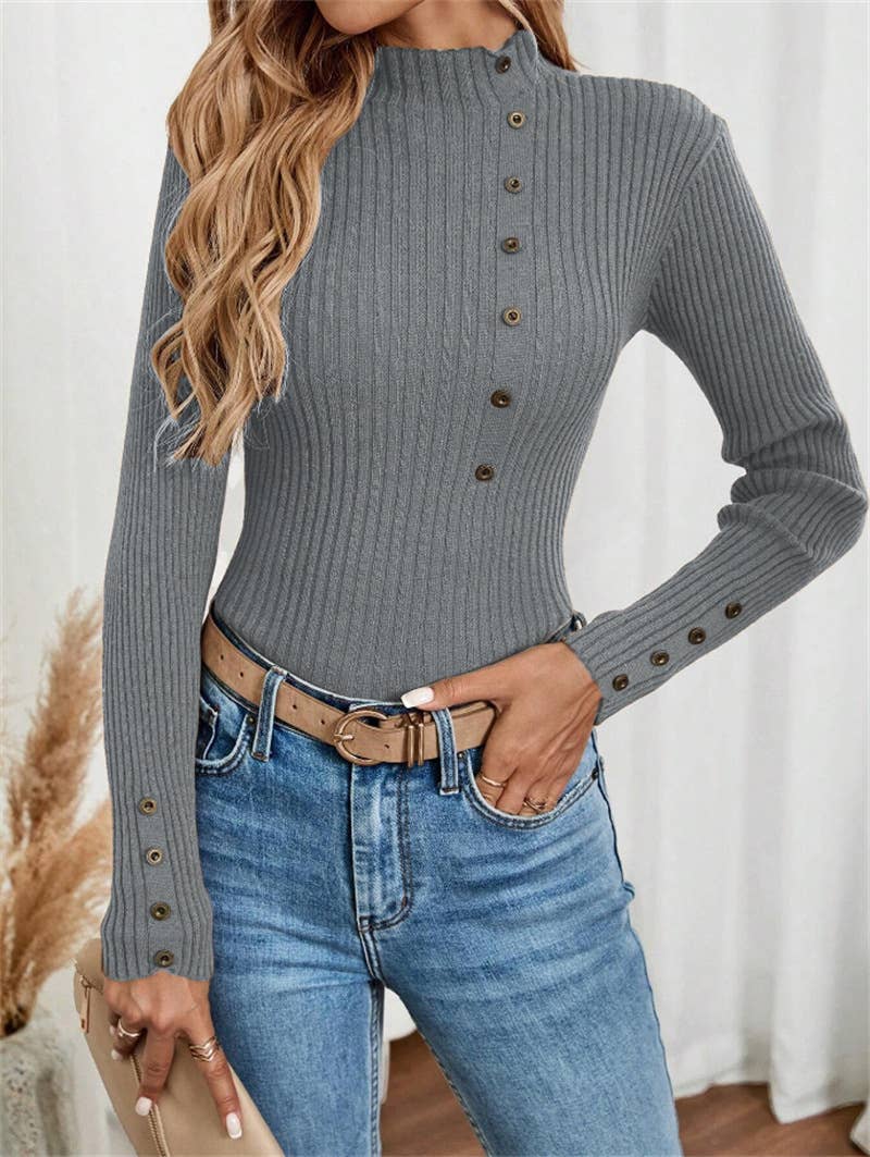 Button long-sleeved knitted base layer top