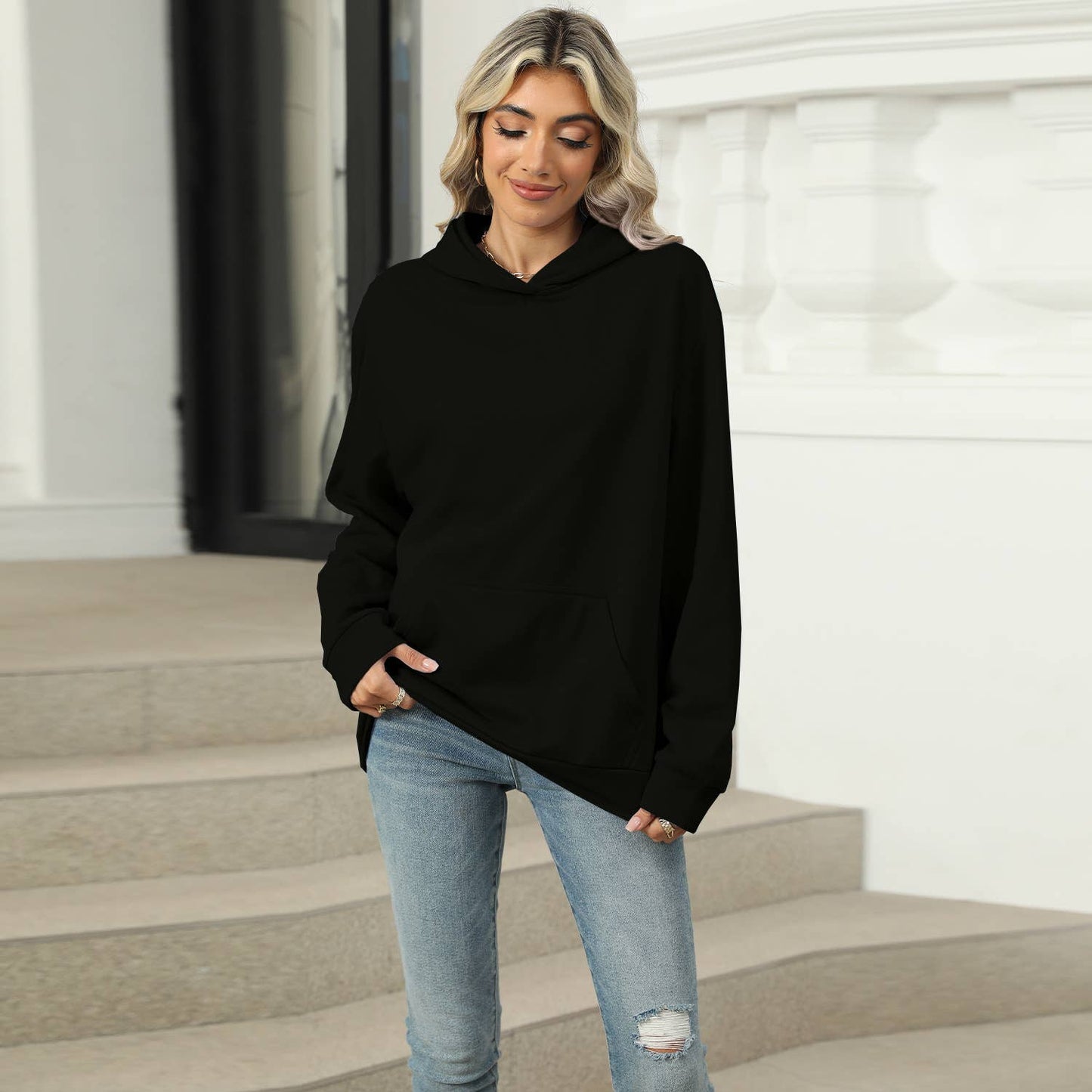 CASUAL HOODED POCKET HOODIE SOLID COLOR TOP