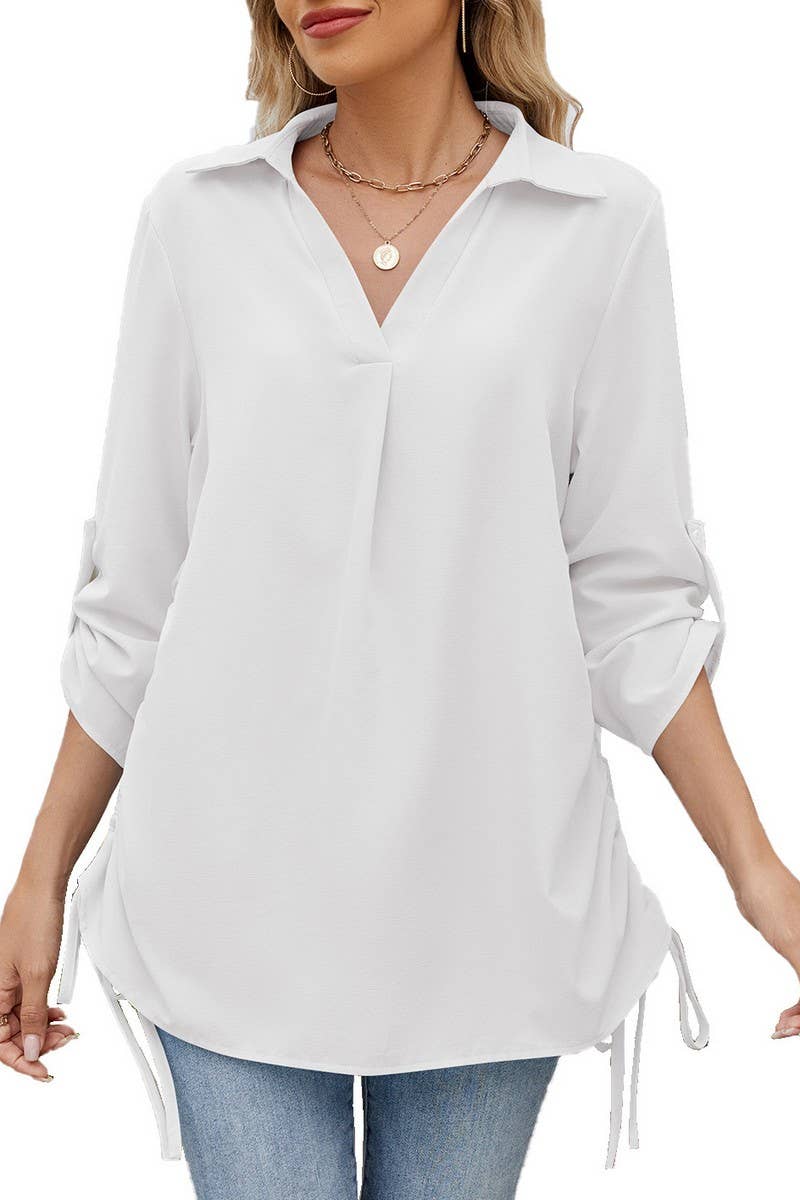 CWTSTL2787_SOLID COLOR LAPEL LOOSE SHIRT CHIFFON TOP