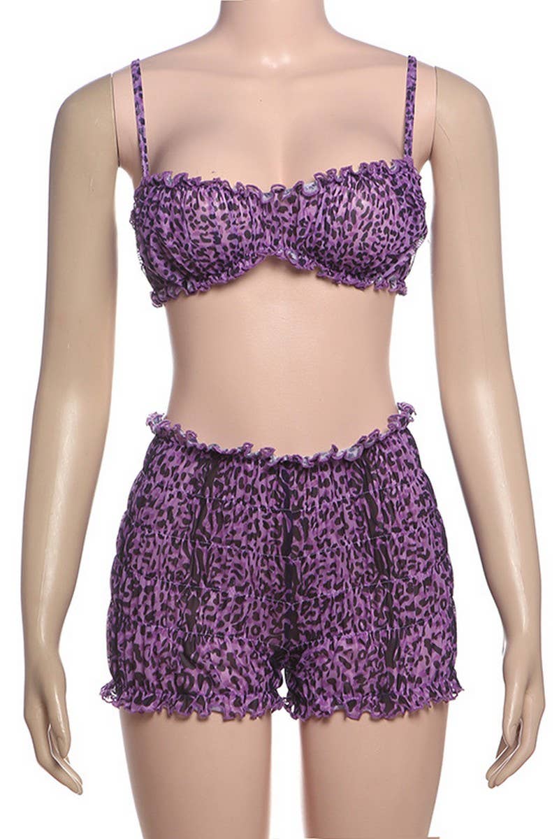 CWSS1284_SEXY LEOPARD LACE HALTER TOP SHORTS SET