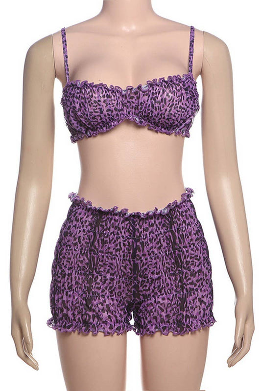 CWSS1284_SEXY LEOPARD LACE HALTER TOP SHORTS SET