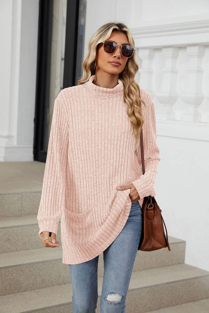 CWTBLL1856_HIGH NECK BRUSHED SOLID LONG SLEEVE POCKET TOP