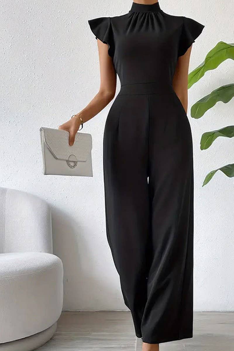 CWSBSSL0133_STAND COLLAR RUFFLE DRAPED SLEEVELESS JUMPSUIT