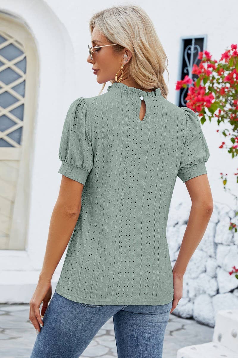 CWTSTS0364_PUFFY SLEEVE LOOSE HOLLOW-OUT PLEATED T SHIRT