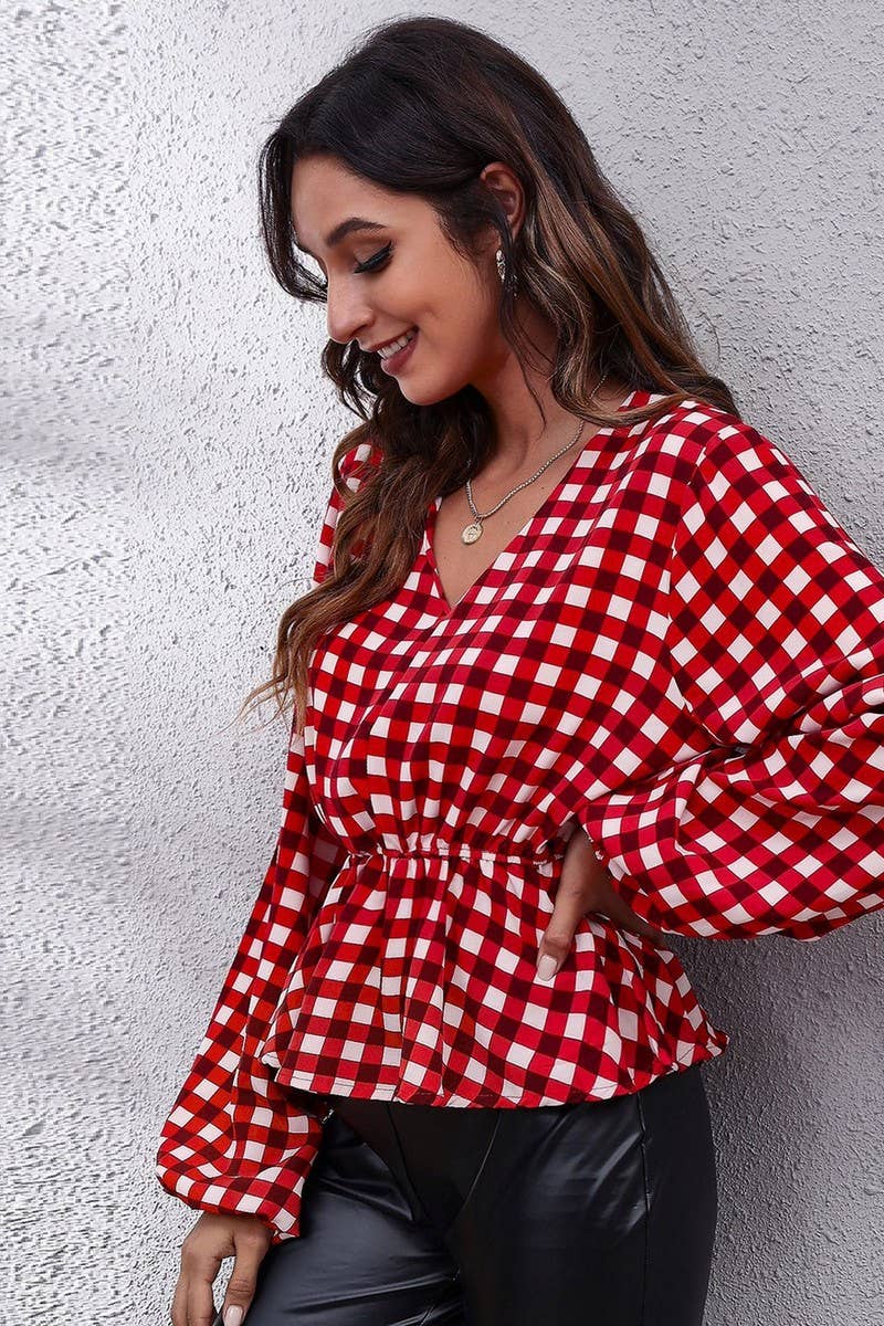 CWTBLL0707_V-Neck Long Sleeve Print Blouse