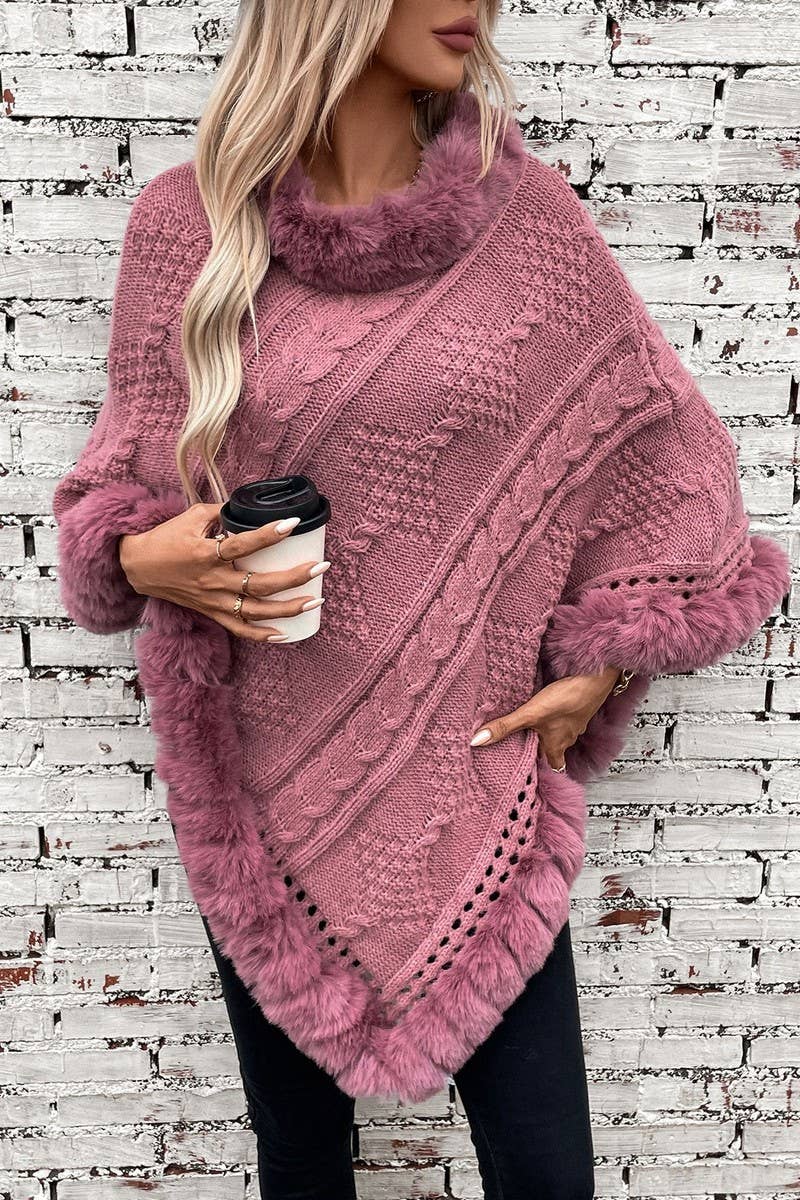 CWOSWS0093_FAUX RABBIT FUR COLLAR CABLE SWEATER CAPE COAT