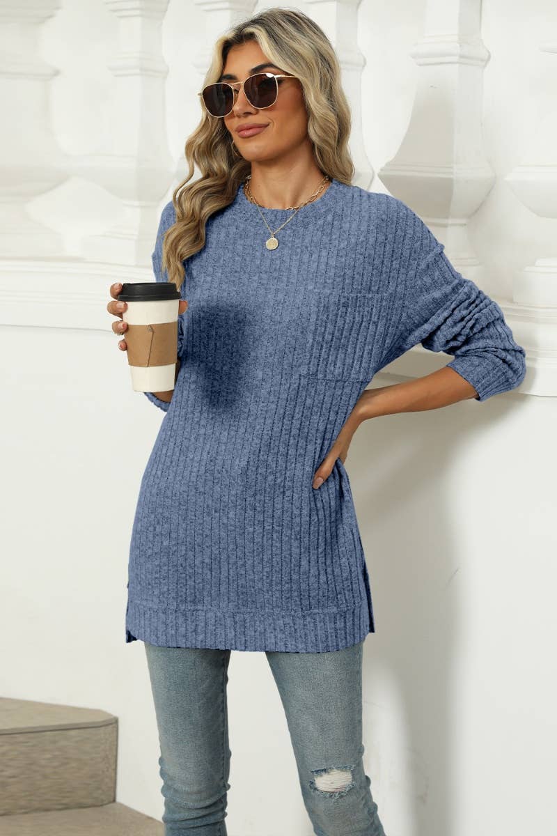 CWOSWL6608_WINTER POCKET CREW NECK LONG-SLEEVED SWEATER