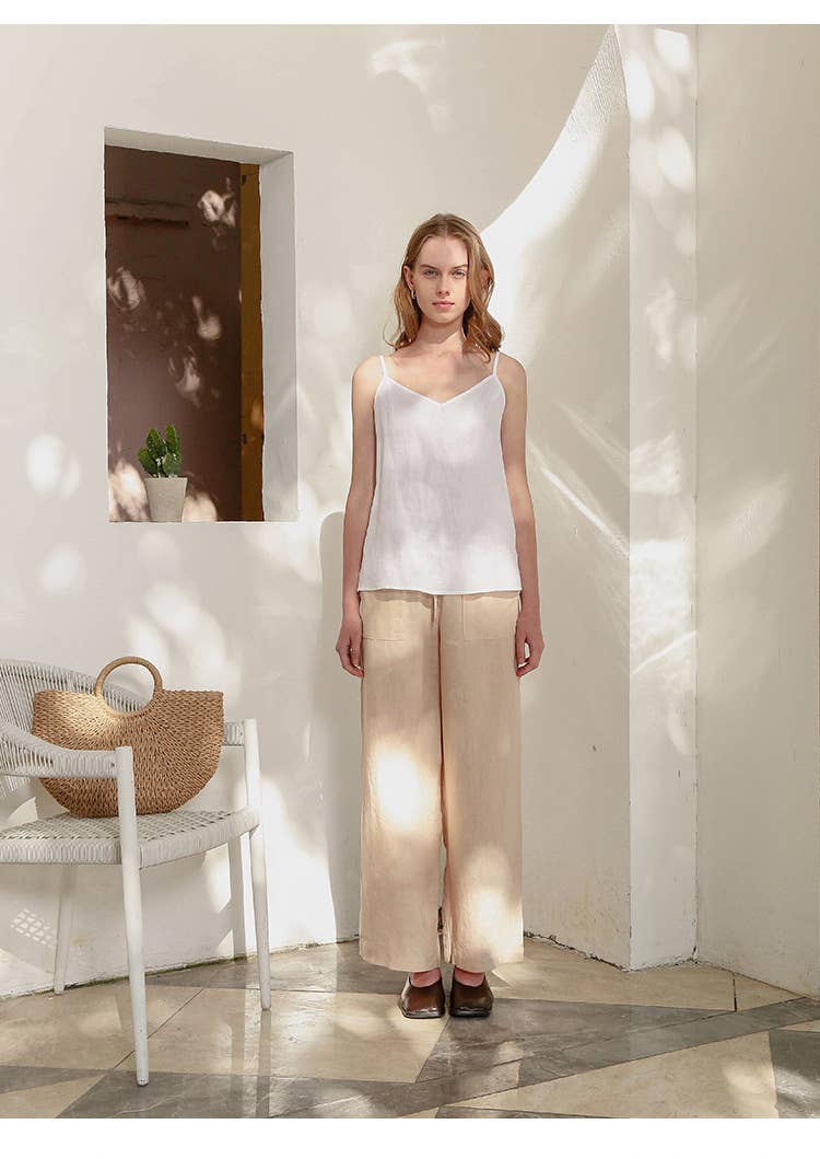 Cotton linen V-neck solid color loose halter top