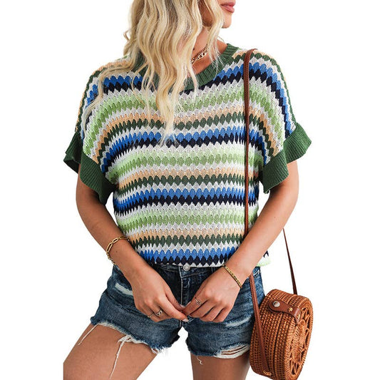 COLOR-MATCHING KNITTED SHORT-SLEEVED T-SHIRT