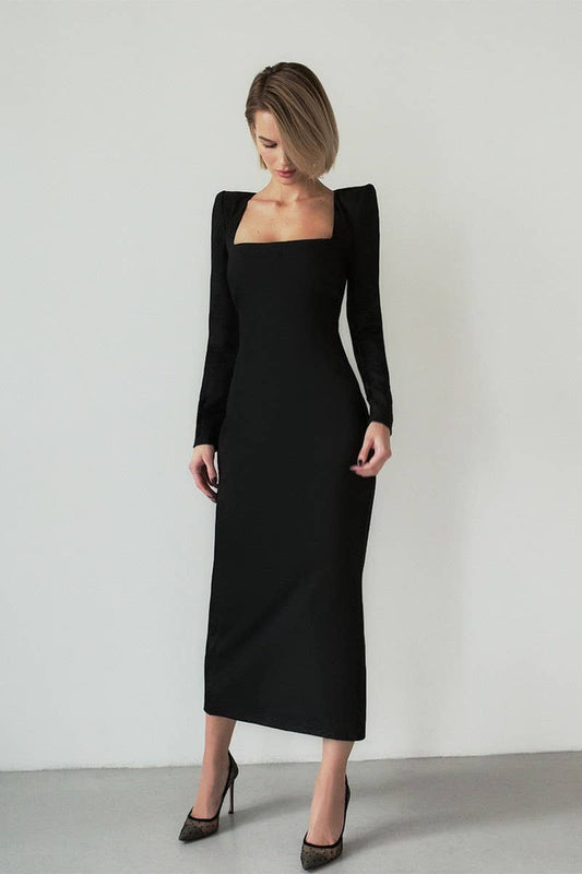 CWDMD4272_SQUARE NECK SLIM FIT LONG SLEEVE HIP DRESS