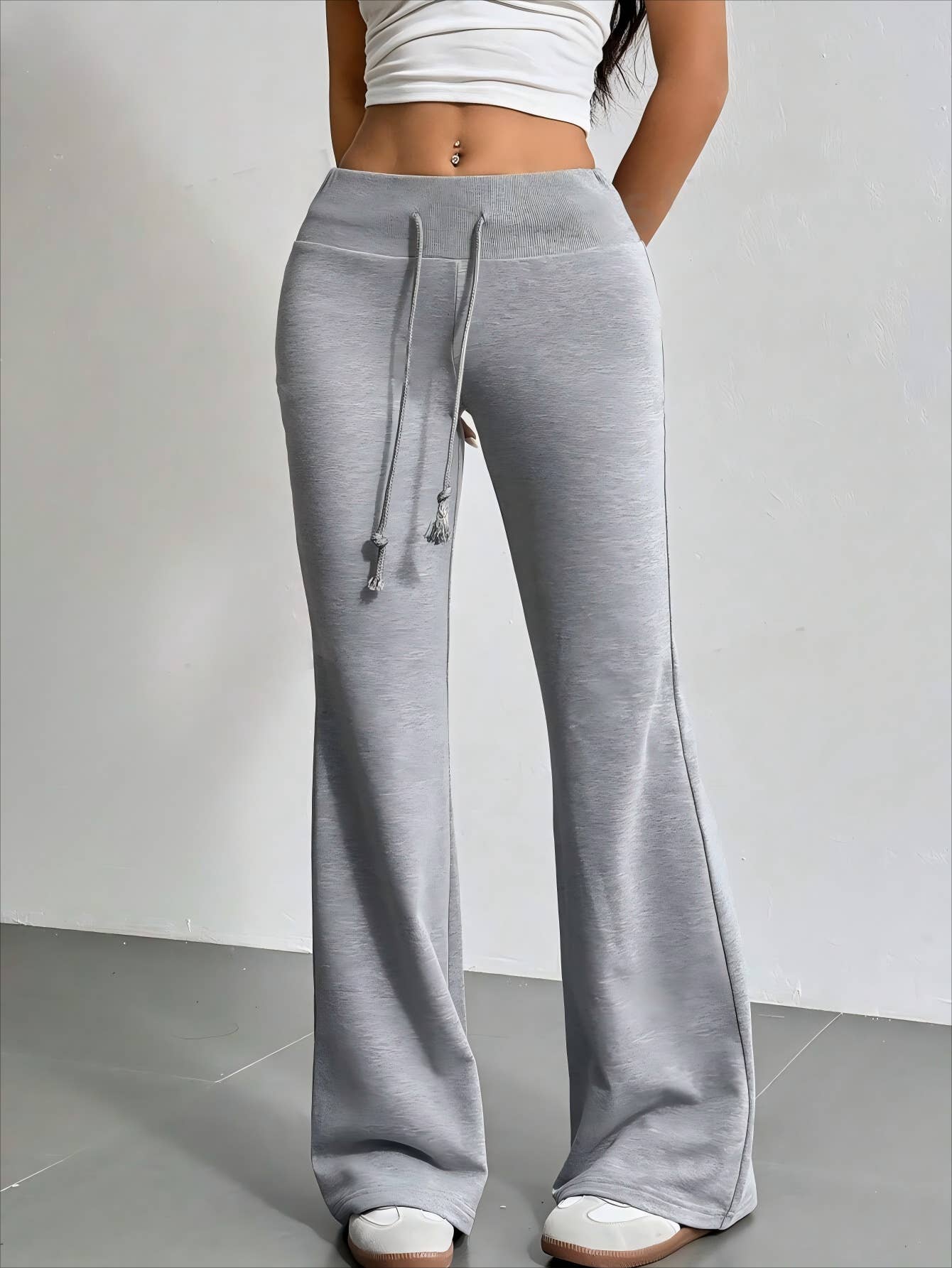 DRAWSTRING HIGH-WAISTED SOLID COLOR BELL BOTTOMS
