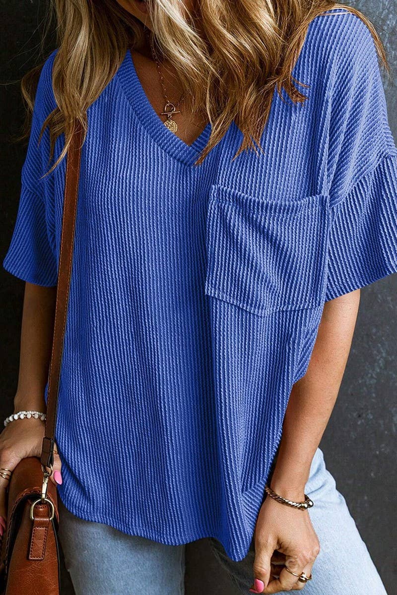 CWTTS1382_SUMMER FASHION POCKET SHORT SLEEVE V NECK TOP