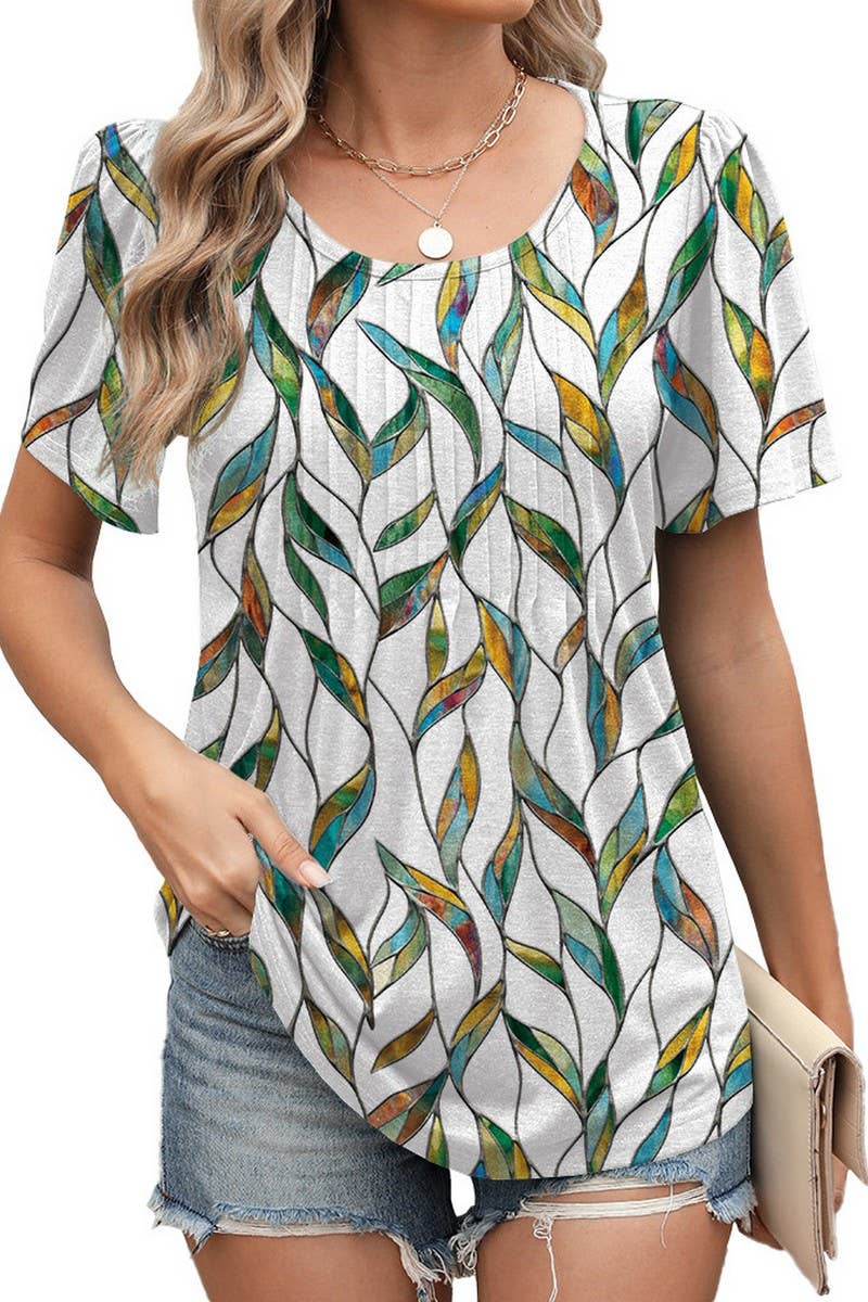 CWTBLS2277_RUCHED CREW NECK PRINTED SHORT SLEEVE TEE