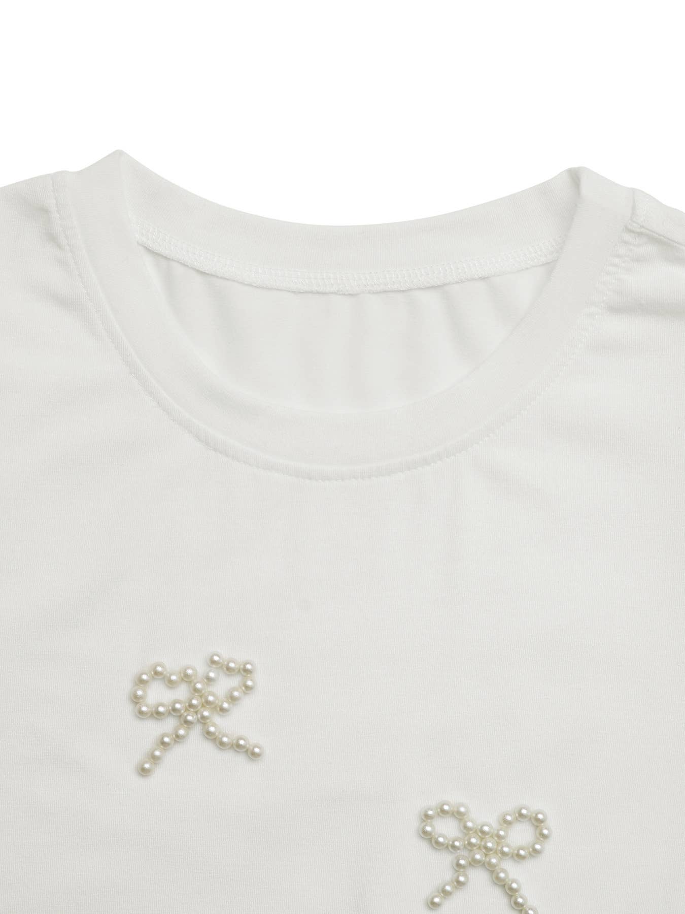 Casual round-neck beaded puffed sleeve T-shirt