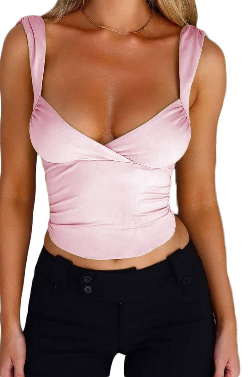 CWTBLSL0584_CROSS-OVER LARGE V-NECK BACKLESS LACE-UP TOP