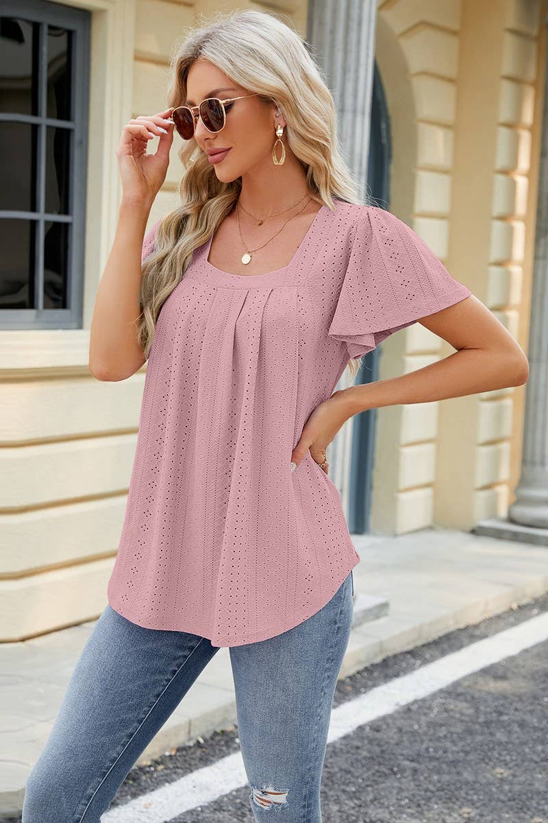 CWTSTS0363_PLEATED HOLLOWED OUT SQUARE COLLAR SHORT SLEEVE