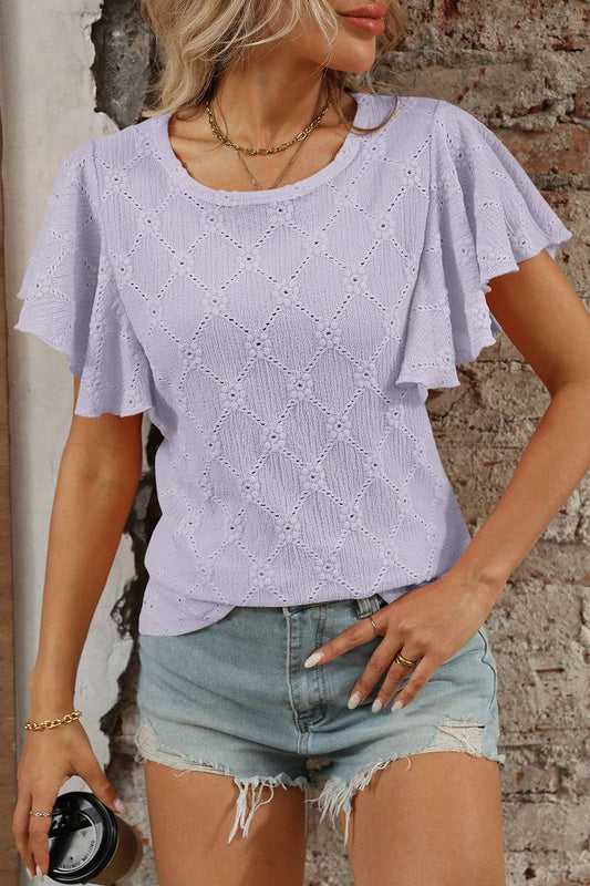 CWTTS1371_SUMMER FLOWER HOLLOW LOTUS SLEEVE CASUAL TOP