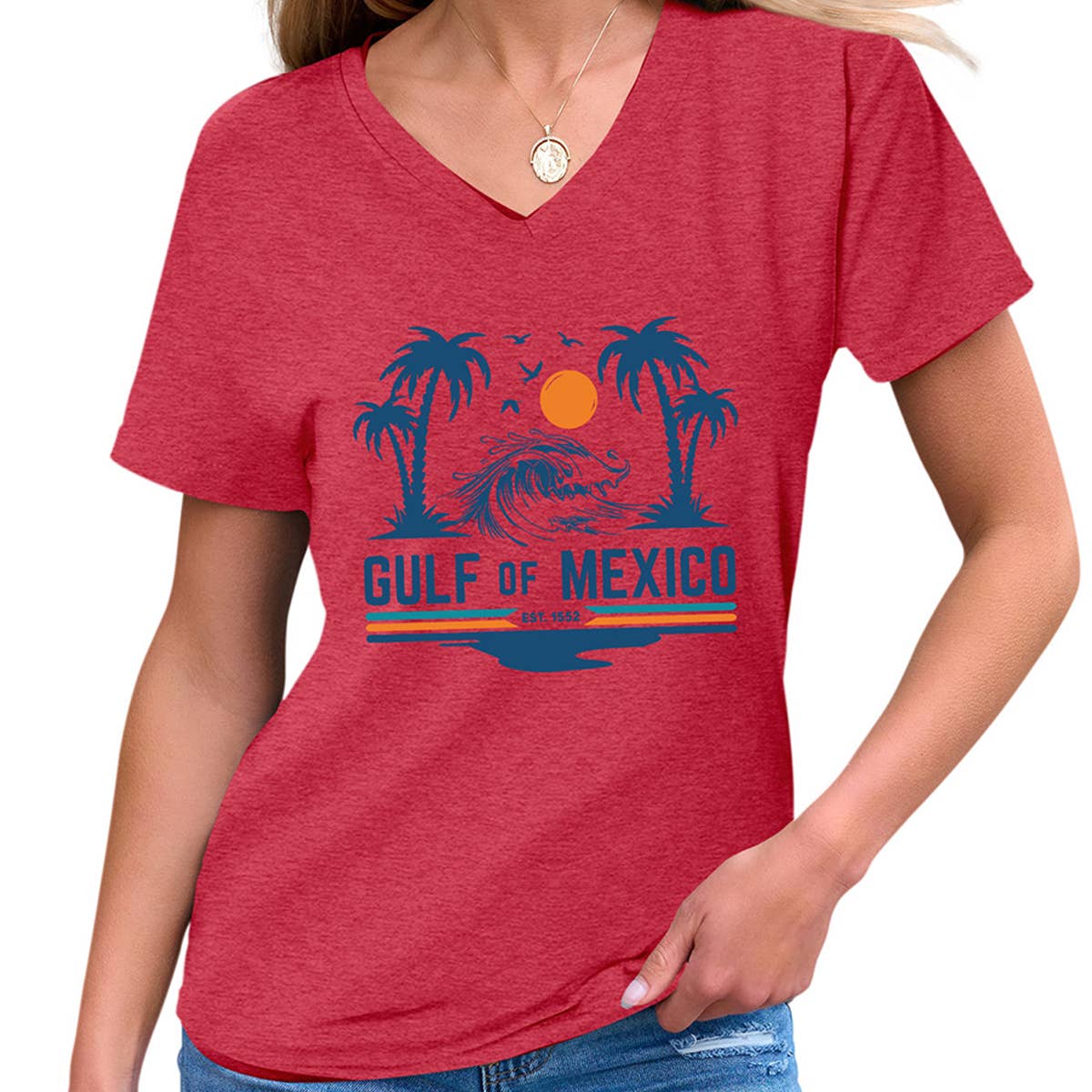 Slim V??˜Neck T??˜Shirt ??Gulf of Mexico Est Print_CWTTS1538