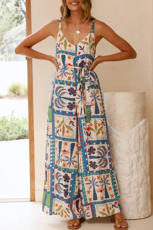 CWDHL1013_SUMMER V-NECK LOOSE WAIST BELT SUSPENDER JUMPSUIT