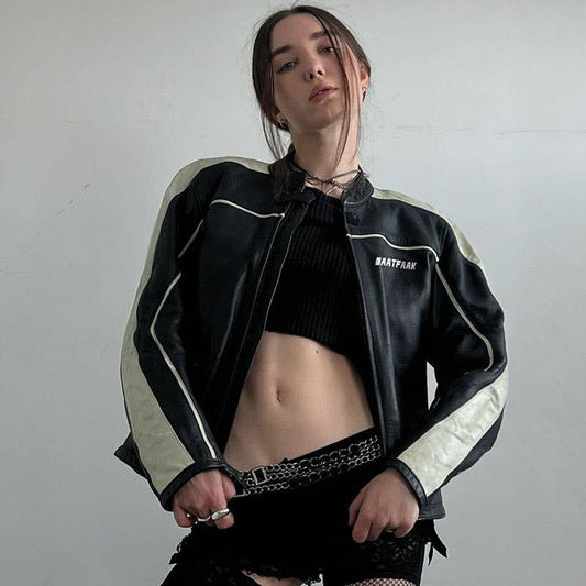 BIKER STYLE BLACK WHITE PATCHWORK LEATHER  JACKET