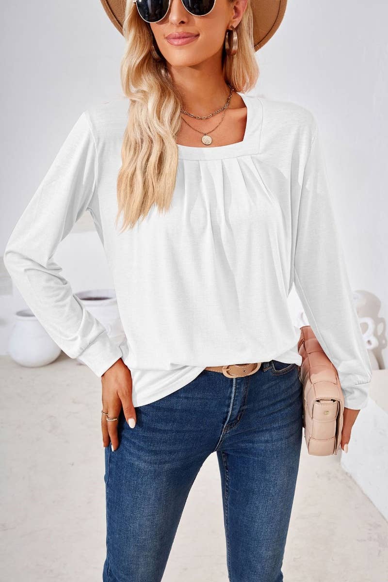 CWTBLL2796_FALL SQUARE NECK PLEATED LONG SLEEVE TOP