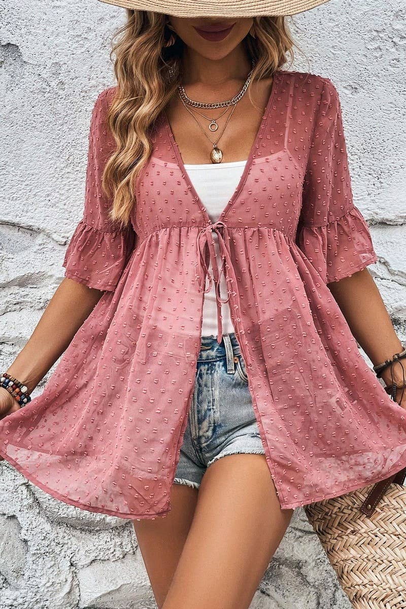 CWTBLS02430_CASUAL VACATION SOLID COLOR CARDIGAN LACE-UP SHI