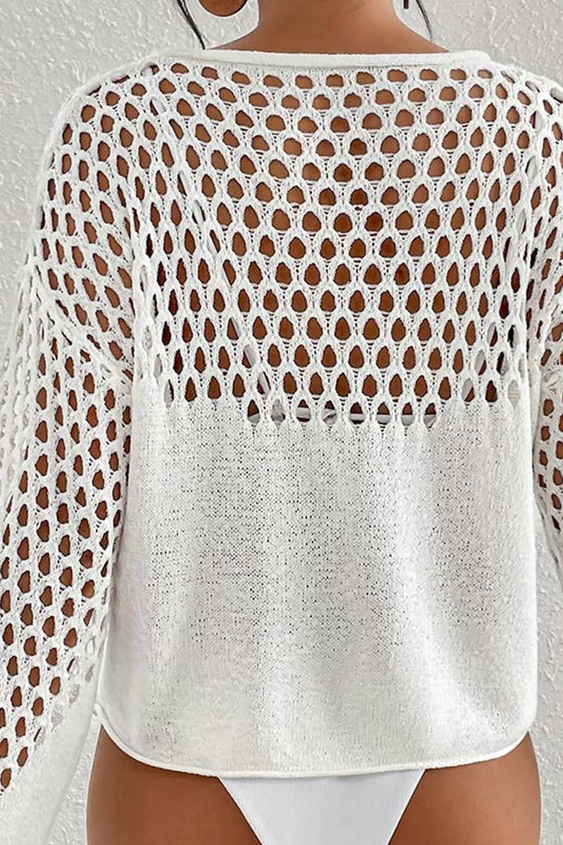 CWTBLL3656_KNITTED HOLLOW LONG SLEEVE BIKINI COVER UP