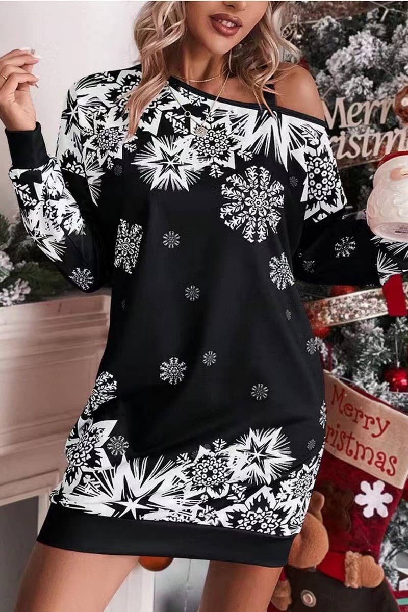 CWDSD10877_CHRISTMAS SNOWFLAKE OFF SHOULDER DRESS