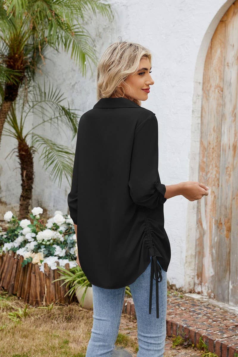 CWTSTL2787_SOLID COLOR LAPEL LOOSE SHIRT CHIFFON TOP