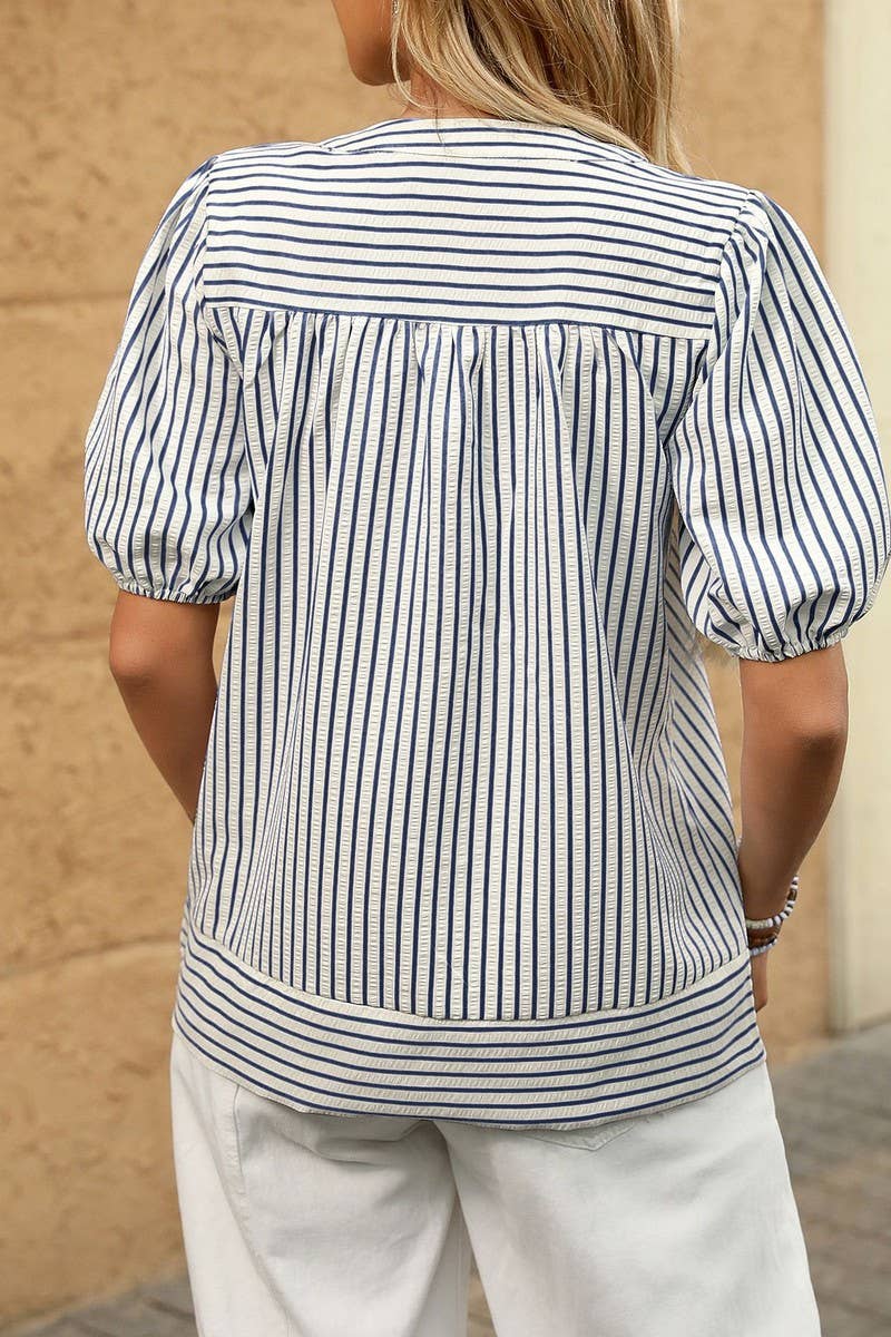 CWTBLS1814_SUMMER V-NECK PUFF SLEEVE STRIPED SHIRT