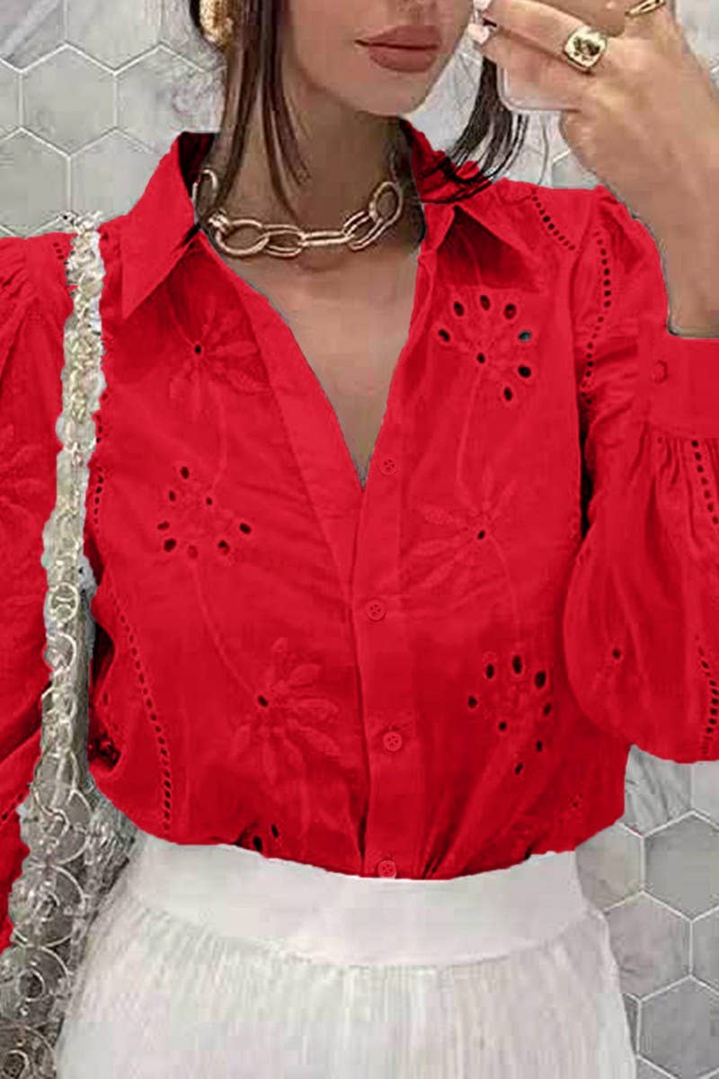 CWTSTL01000_CASUAL LOOSE HOLLOW OUT PUFF SLEEVE  TOP