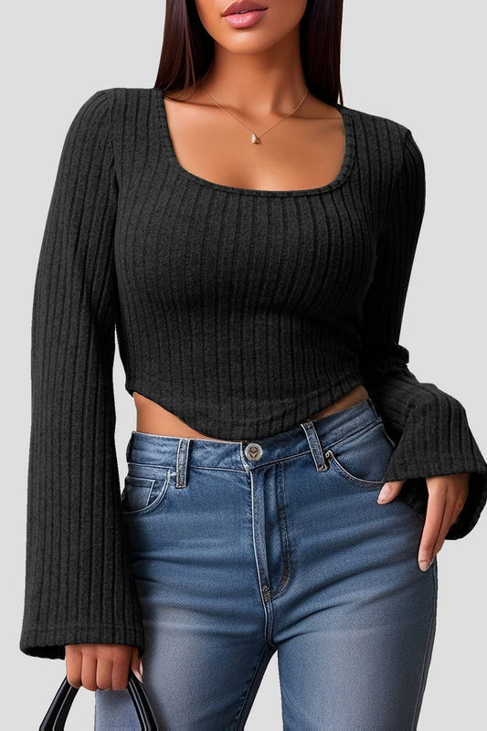 CWTBLL3791_SEXY SLIM SQUARE NECK TRUMPET SLEEVE TOP