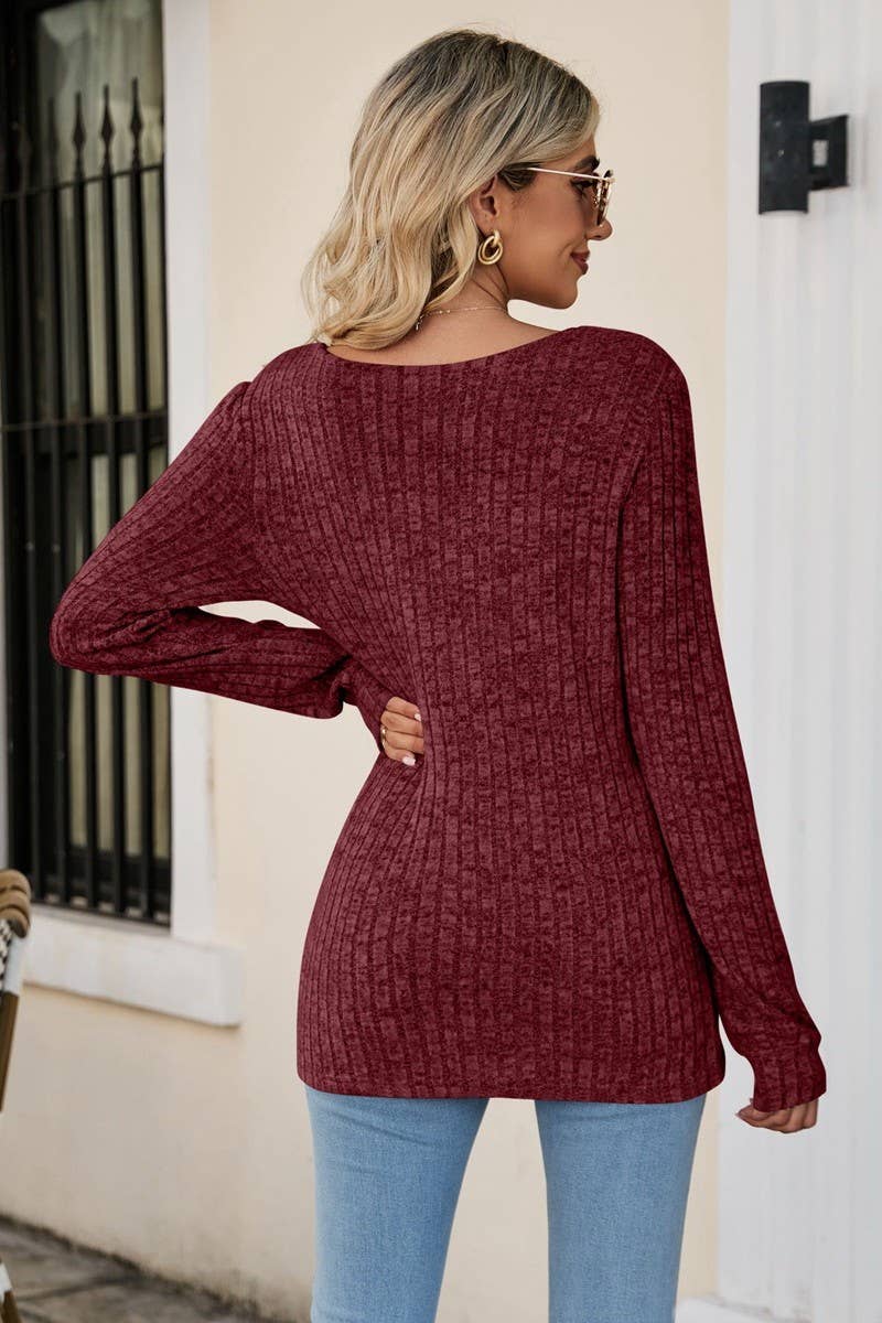 CWTBLL3197_SQUARE NECK RIBBED BRUSHED CASUAL LONG SLEEVE TOP