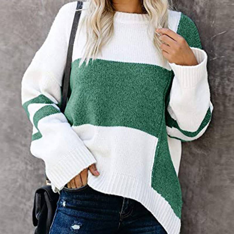 COLOR PATCHWORK CREW NECK PULLOVER SWEATER