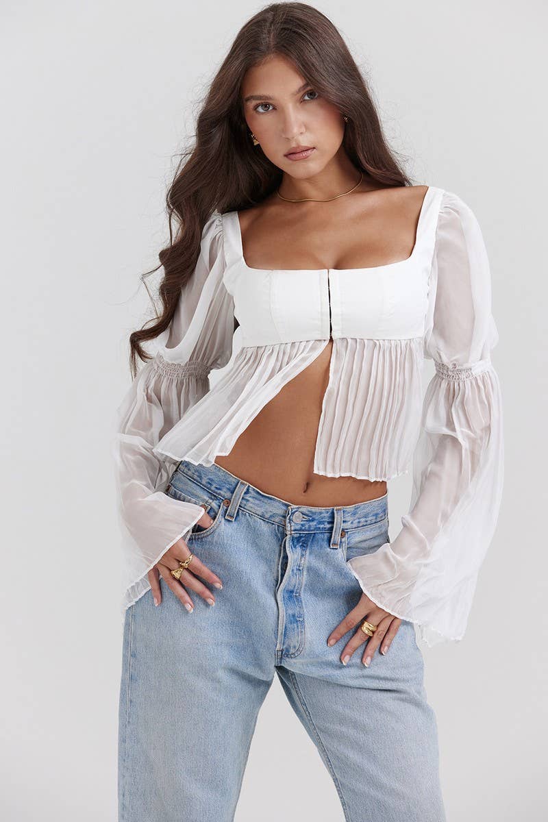 CWTBLL3970_FLOWY SHEER SQUARE NECK LONG SLEEVE TOP