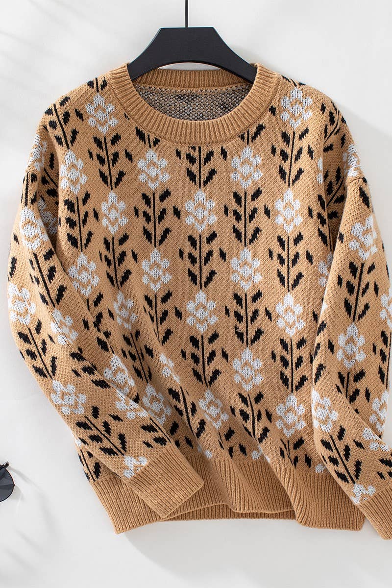 CWOSWL2927_FLORAL JACQUARD LONG-SLEEVED PULLOVER SWEATER