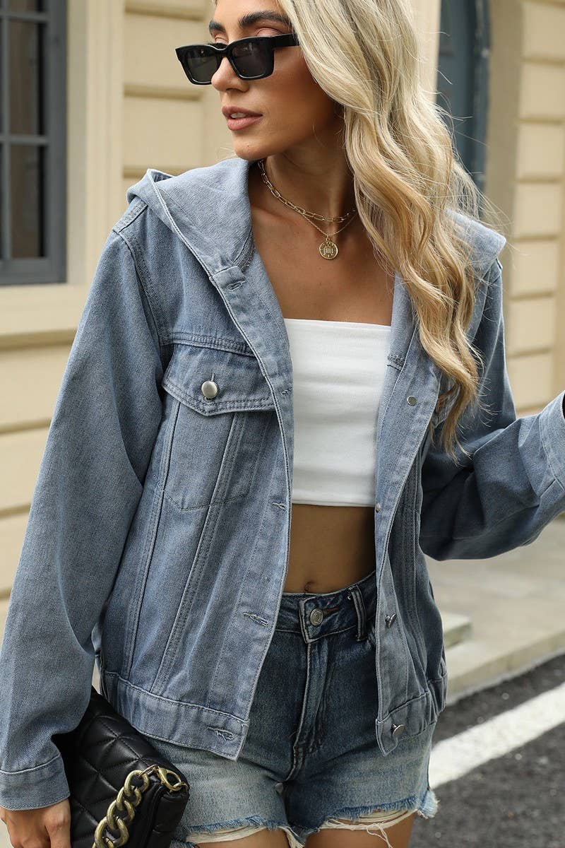 CWJT00080_WASHED LOOSE CASUAL HOODED DENIM JACKET TOP
